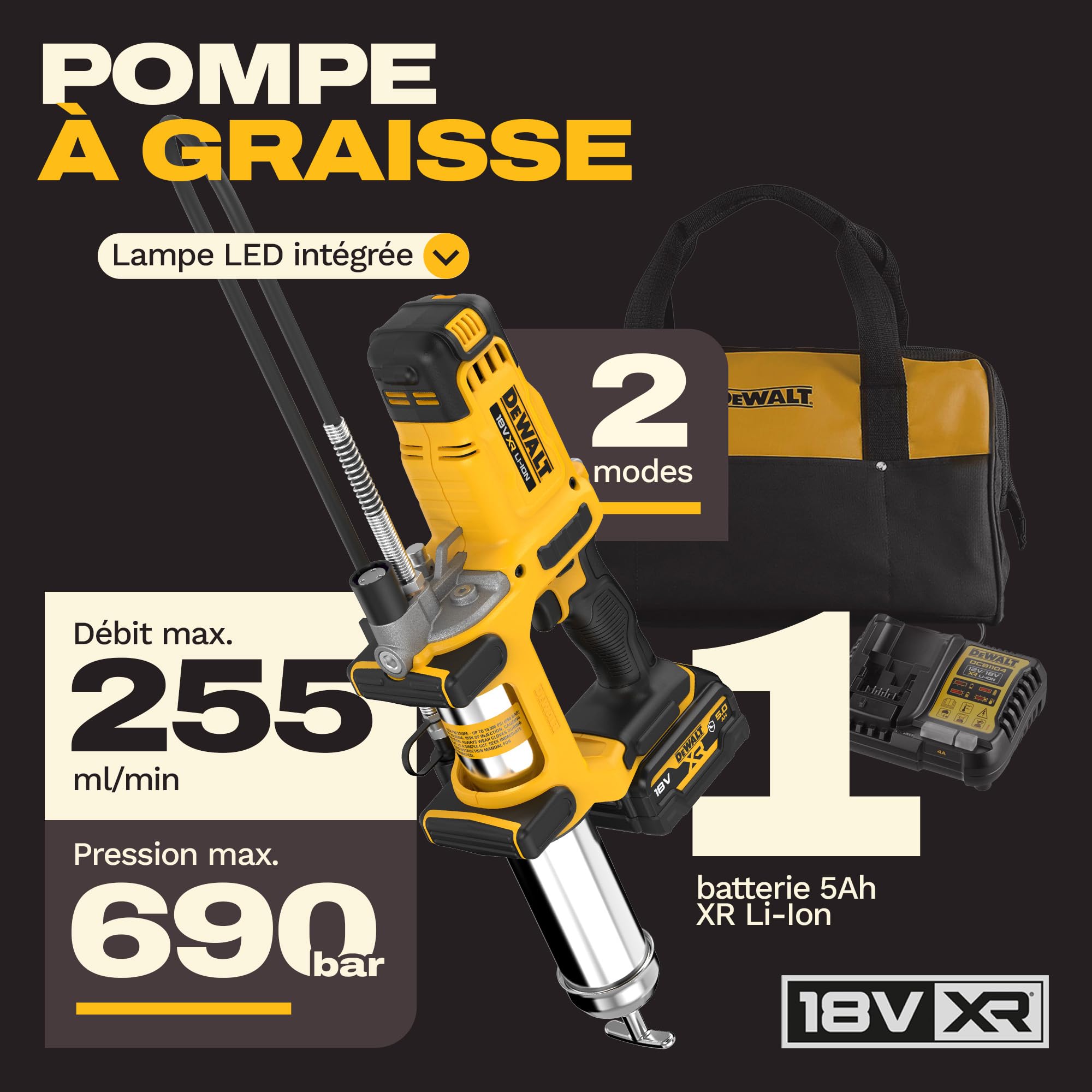dewalt-dcgg581p1g-qw-pistolet-graisseur-sans-fil-18v-xr-2-vitesses-690-bars-batt image 2